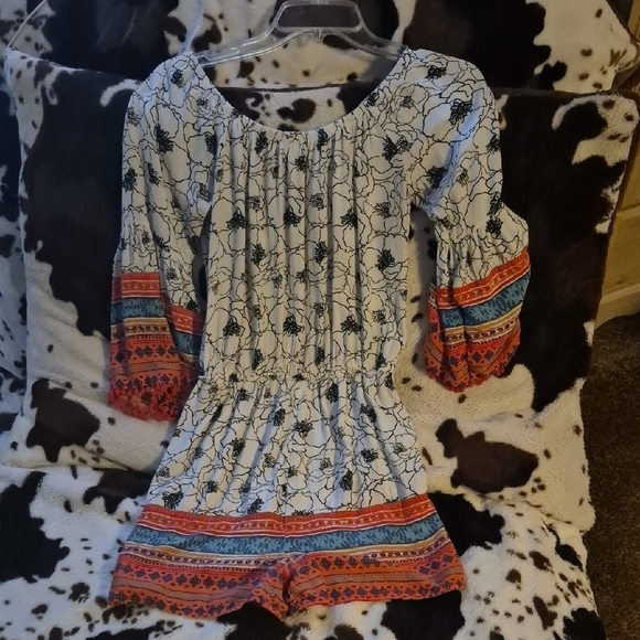 Mudd Floral and Striped Romper - Black, White, Red, Blue - Picture 1 of 8